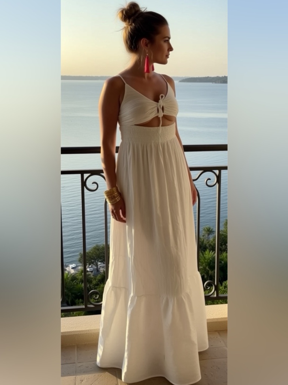 White boho sexy flowy cut out bra top halter tie up maxi long dress